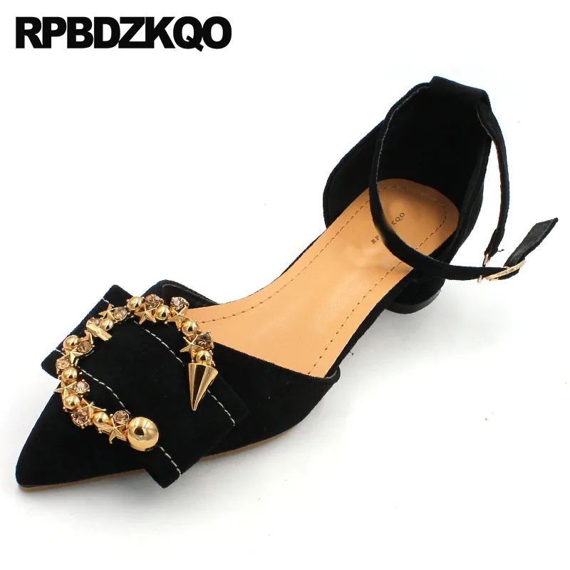 

rhinestone bridal korean crystal suede pointed toe ladies diamond black plus size ankle strap shoes low heels 2018 thick metal