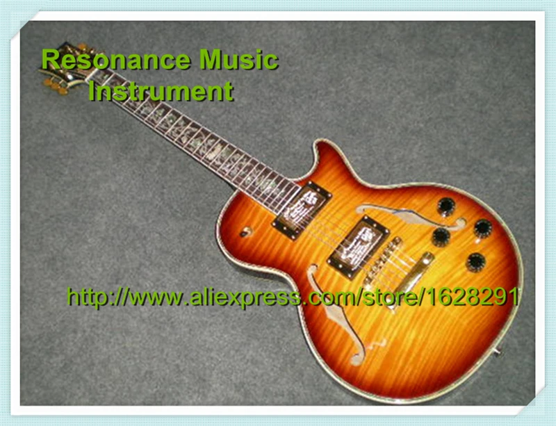 

Chinese Cherry Sunburst Tiger Flame Suneye LP Custom Electric F Holes Hollow Body Guitar with Flower Inlay