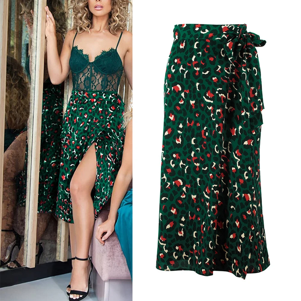 

New Vintage Leopard Print Long Skirts Women High Waist Midi Skirt Bow Tie Female Summer Sexy Split Wrap Skirt Ladies Green Beach