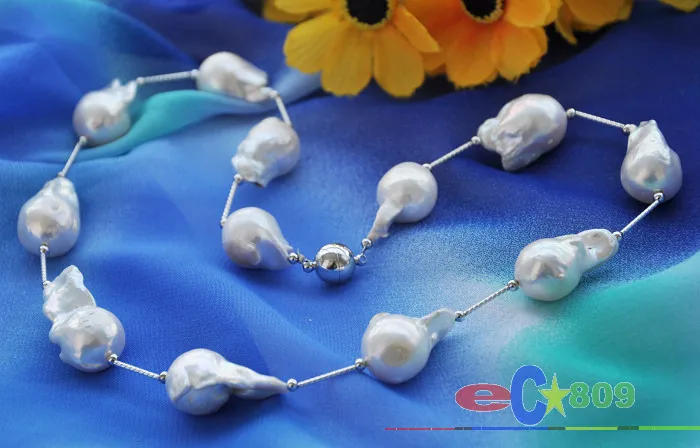 

wholesale Huge 20" 25mm white baroque KESHI REBORN PEARL SILVER NECKLACE