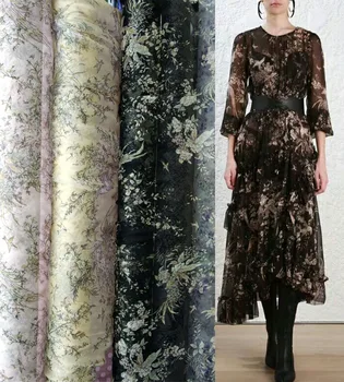 

Telas 2018 French yellow/pink/black flowers Fabric Chiffon silk Fabrics Woven Material scarf Shirt Dress Fabric tissus au metre