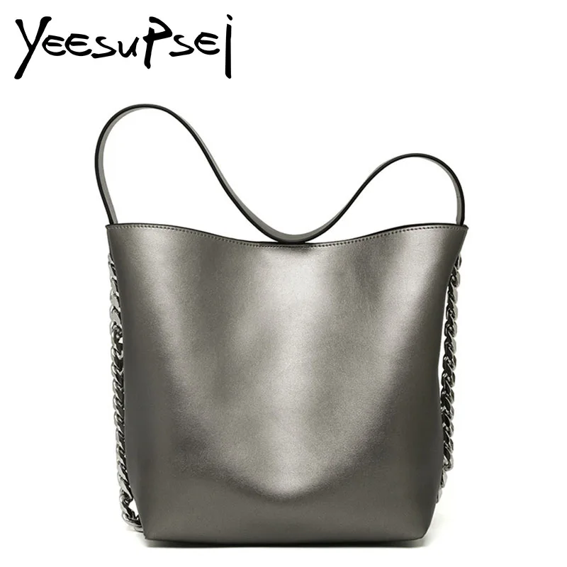 

YeeSupSei Luxury Genuine Leather Women Glossy Lady Shoulder Bag Solid Color Designer Cowhide Women Casual Chain Bag A4 Available
