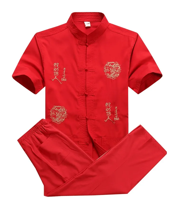 Китайский Мужской Хлопковый костюм кунг-фу с вышивкой Wu Shu, униформа Tai Chi, одежда, рубашка с коротким рукавом+ штаны M, L, XL, XXL, XXXL MS013