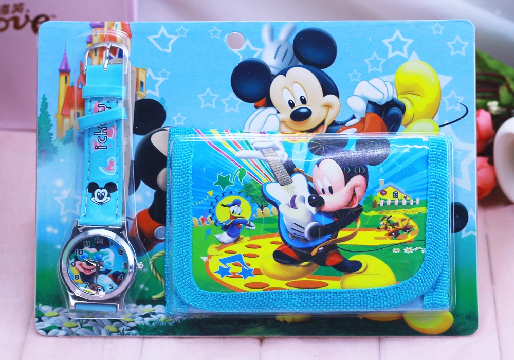 Новые детские часы с кошельком из мультфильма, часы Mickey для студентов, подарки на день рождения, кварцевые часы с кожаным ремешком