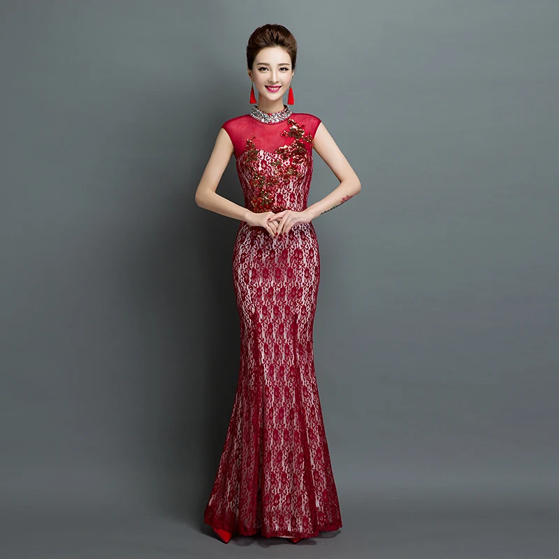 Red Lace Evening Party Dress 2016 New High Collar Beading Fish Tail Red Lace Evening Party Dress 2016 New High Collar Beading Fish Tail Y Slim Custom Made Bride Formal Dinner Costume In Dresses From Weddings