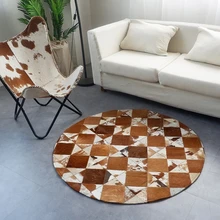 Round shaped American style natural cowhide seamed rug,black and brown fur carpet for living room bedroom decoration mat