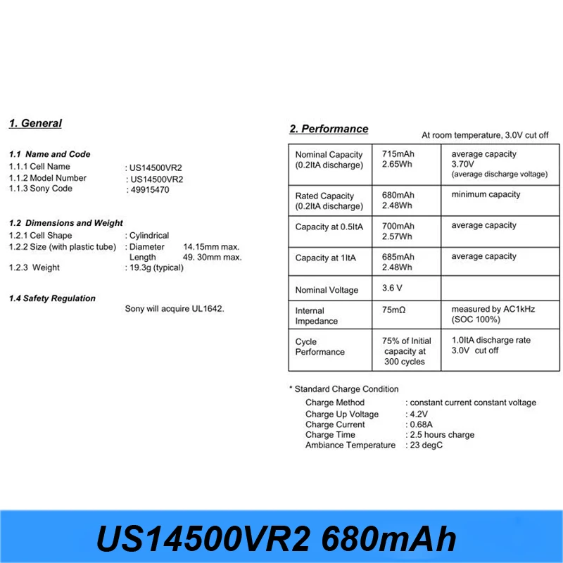 Аутентичный AA Размер 3 6 V 14500 US14500VR2 680mAh фонарик батарея большой емкости VR2 батареи