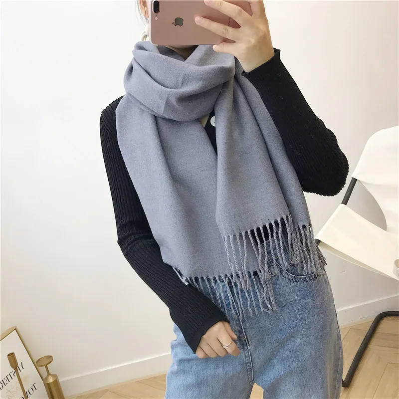 Female new 10 colors tassel scarf monochrome double-sided warm shawl imitation cashmere bib