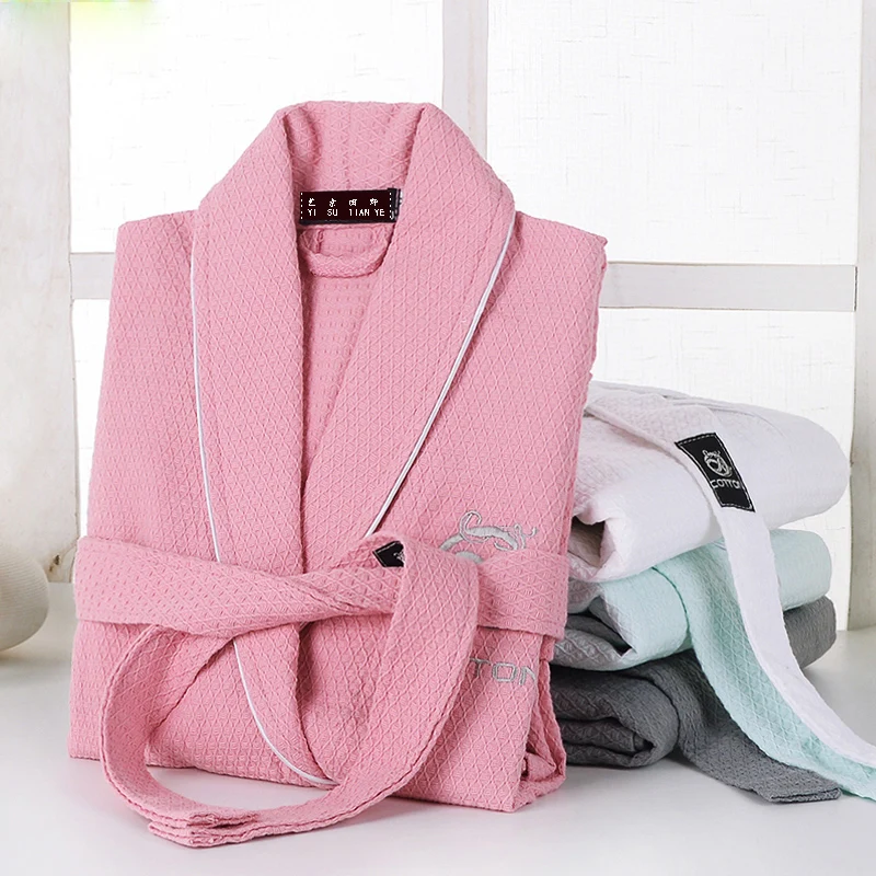 

100% Cotton Women's Bathrobe Embroidery Waffle Soft Kimono Robe Hotel Night Dressing Gown Pijamas Brides Bridesmaid unisex Robe