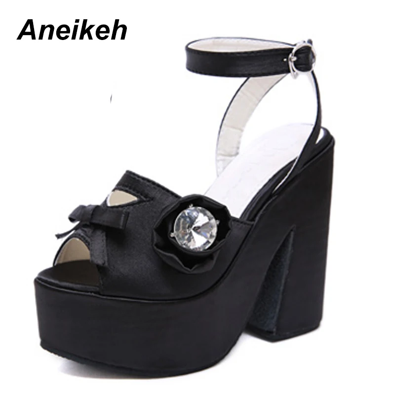 

Aneikeh 2019 Summer Ladies High Heel Sandals Sexy Rhinestone Butterfly-knot Ankle Strap Super High-Heeled Party Buckle Sandals