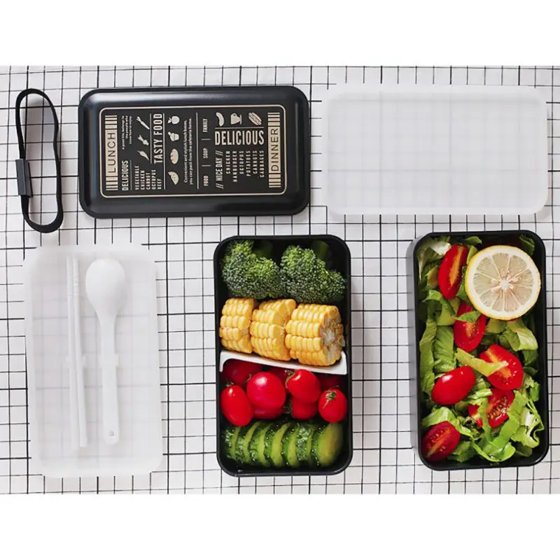 

Plastic Lunch Box Double Layer Food Container Multifunction Adults Lady Kid Lunchbox Microwaveable Black Box
