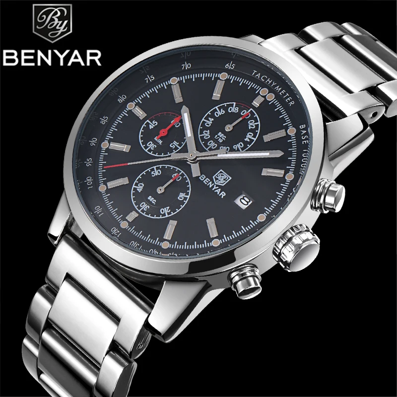 

Relojes Watch Men BENYAR Fashion Top Brand chronograph sport Quartz Watch clock steel belt military waterproof Men Quartz watch