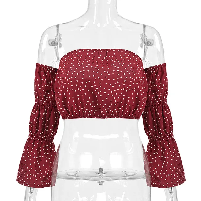 Buy Tobinoone Polka dot print lantern sleeve crop top