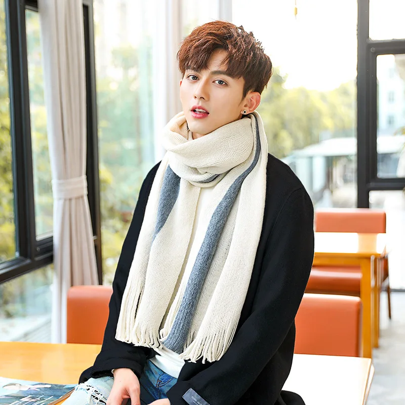 

VOHIO Scarves Gray streak men winter scarf luxury brand wild simple spell black white men's scarves wool collar students 200cm