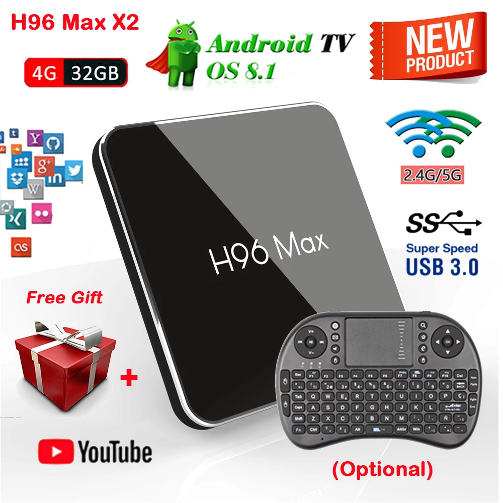 

H96 Max X2 Android 8.1 Amlogic S905X2 Smart Set-top Box 4GB RAM 32GB ROM H.265 HEVC USB 3.0 2.4G/5.8G WIFI 100M LAN+ i8 Keyboard