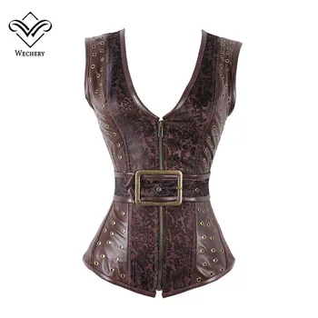 

Wechery Brown Steampunk Corset Gothic Clothing Sexy Jacquard PU leather Steel Boned Zip Buckle Corsets And Bustiers