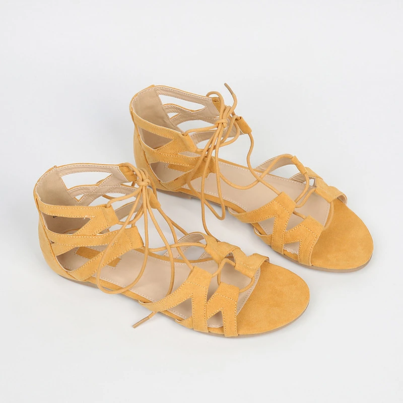 yellow lace up flat sandals