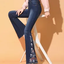 Стрейч Высокая талия расклешенные женские джинсы модные джинсы с вышивкой брюки