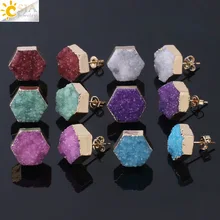 CSJA серьги-гвоздики с натуральным камнем для девочек, кристалл кварца Druzy Drusy, золотой цвет, Geode геометрический шестигранник рейки F857