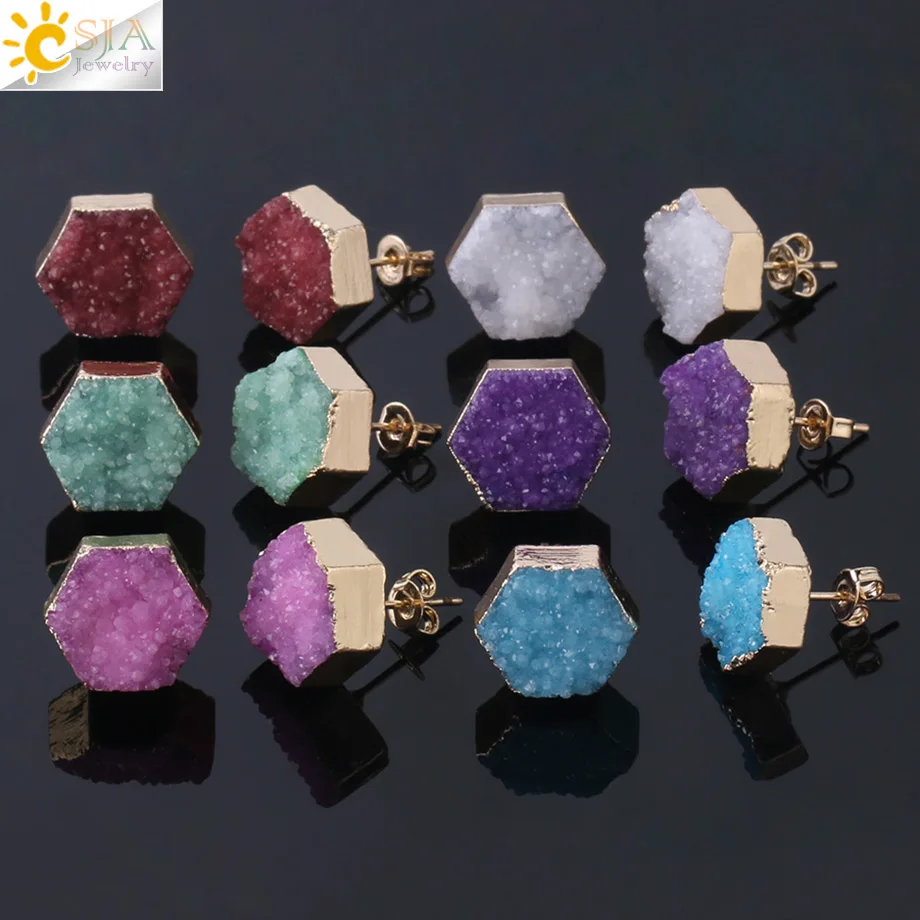 

CSJA Natural Stone Piercing Stud Earrings 2019 for Girl Crystal Quartz Druzy Drusy Gold Color Geode Geometric Hexagon Reiki F857