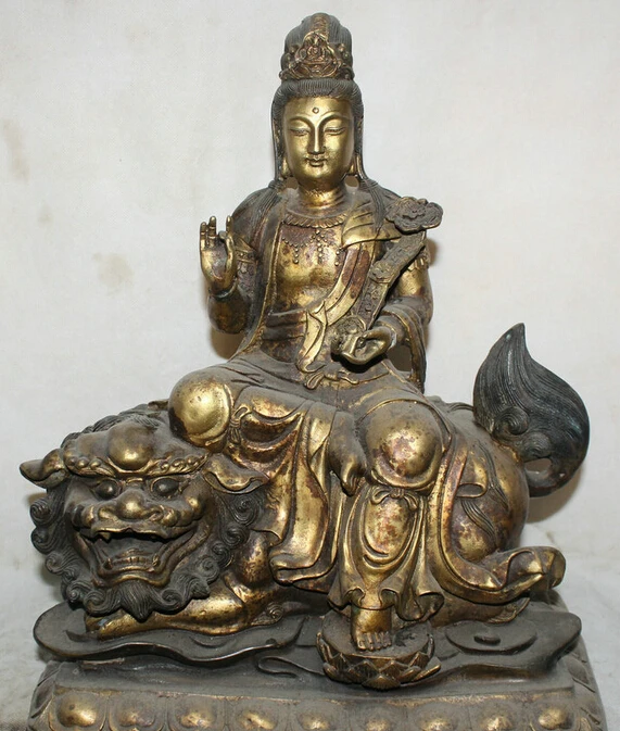 

JP S0524 16" Old Chinese Buddhism Bronze Gild Wenshu Manjushri Goddess ride Lion Statue