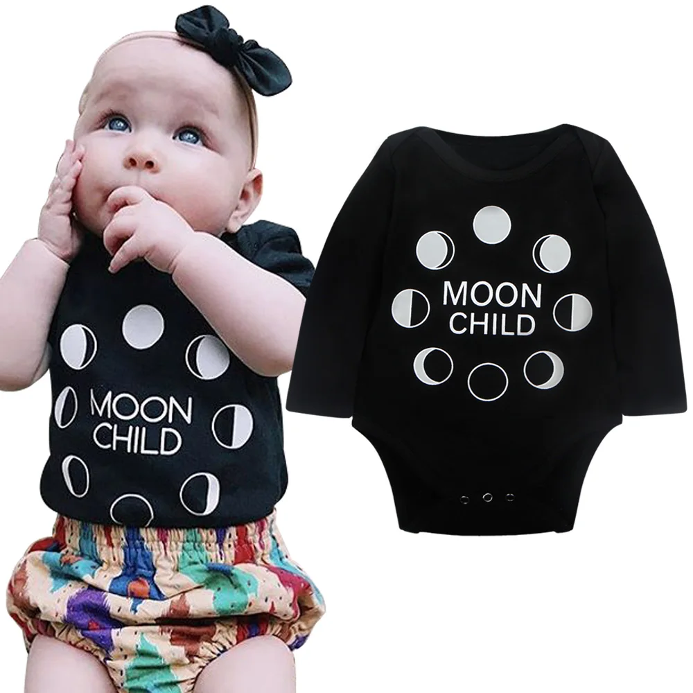 2017 Newborn Moon Child Print Black Long Sleeve Baby Bodysuits Sleeve