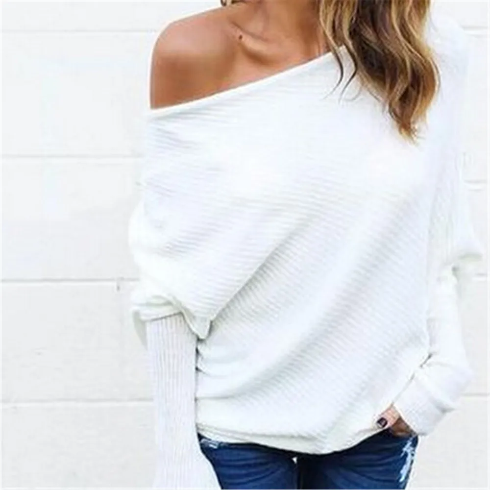 Off Shoulder Sweater Woman Sexy Knitted Tops Batwing Sleeve Pullover Sweaters Fashion 2019 Women Clothes Black White Casual Tops