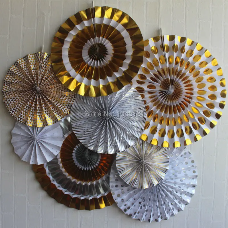 Set of 8pcs Metallic Gold/Silver Foil Party Paper Fans Rosettes Wedding