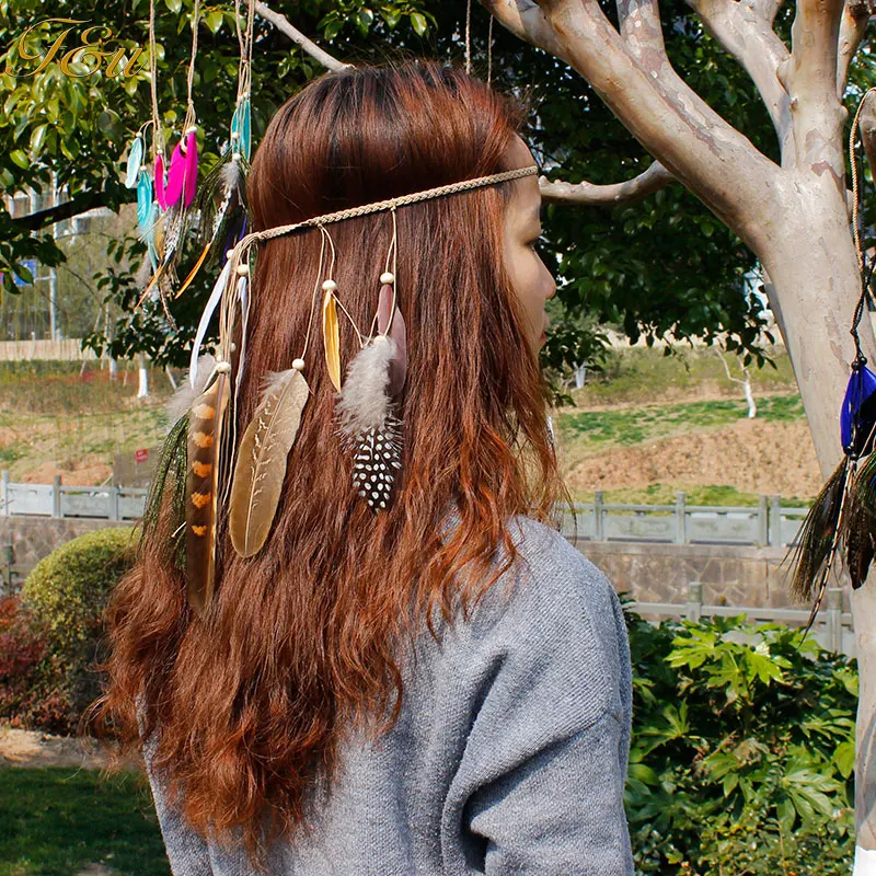 F&ampU New Accessories Hair Band Indian Peacock Feather Pendant Headband Rope Knitted Belt Elastic Hairband | Украшения и