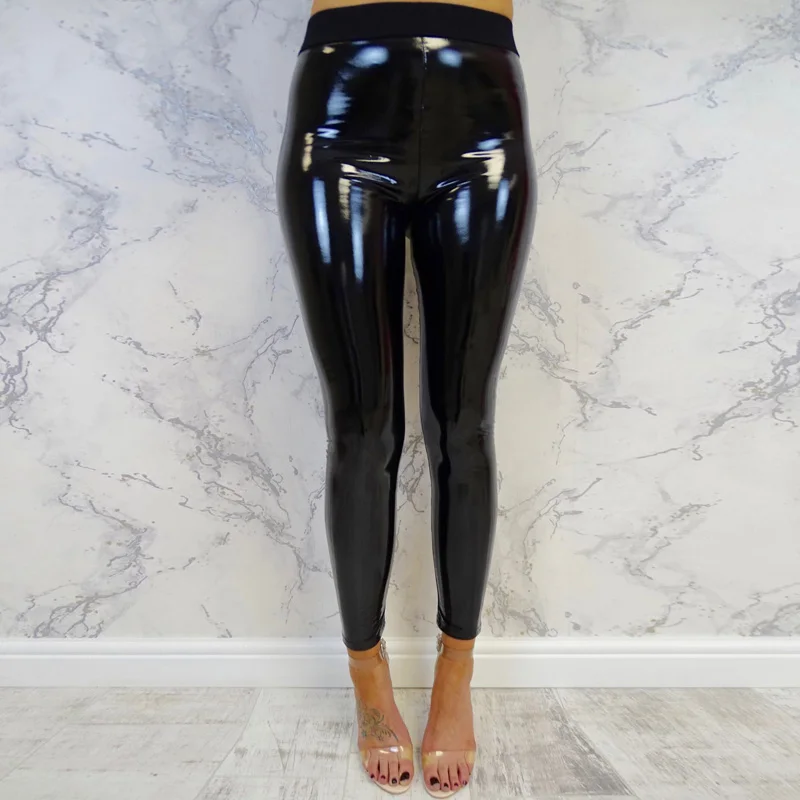 Для женщин Искусственная кожа с мокрым эффектом Блестящий металлический Высокая Талия Леггинсы, трико, брюки черный, красный эластичные узкие высокие облегающие леггинсы для бега - Цвет: Black Legging