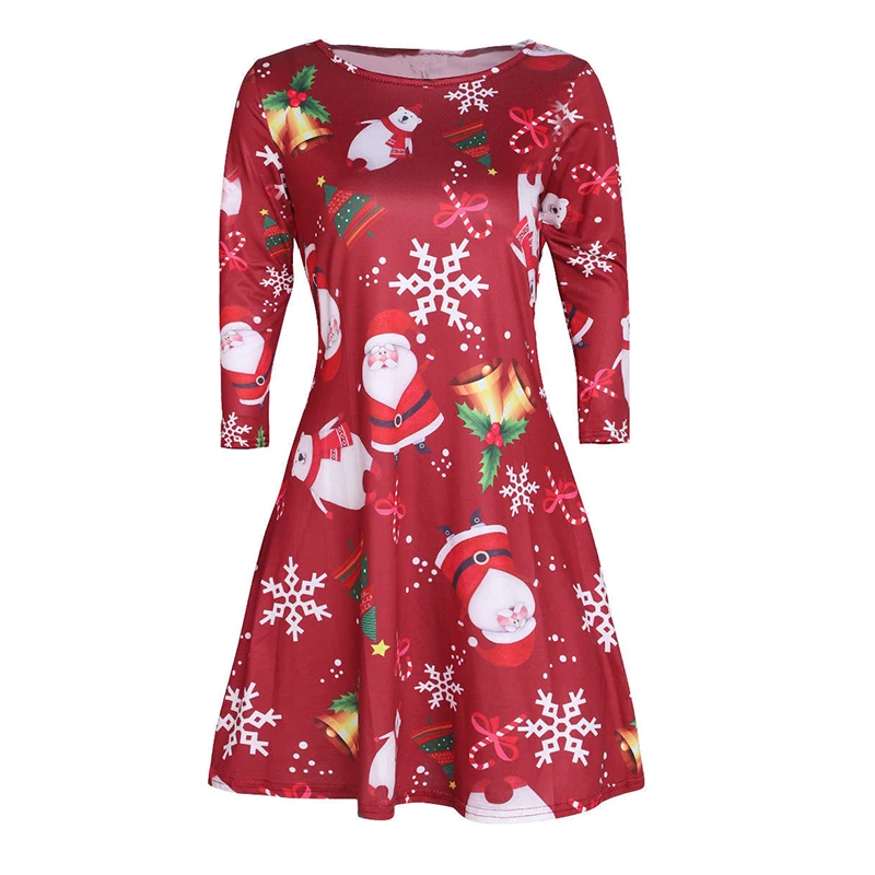 Christmas Dress Print Long Sleeve Chrismas Dress Casual Snowman Deer