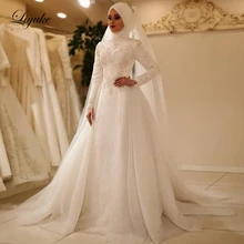 Liyuke Vestido De Noiva элегантные мусульманские свадебные платья с длинным рукавом и круглым вырезом, фатиновые кружевные исламские Свадебные платья на молнии сзади