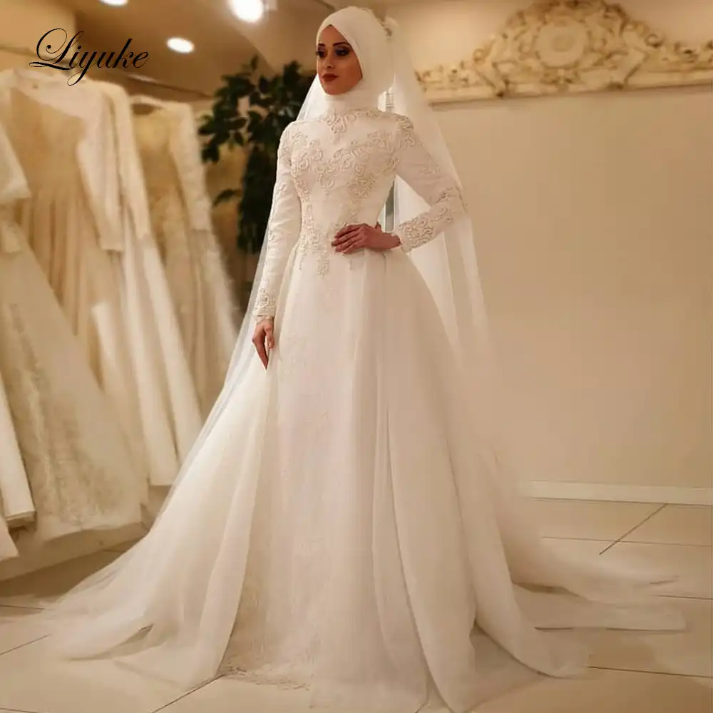 Elegant Long Sleeve Wedding Dress Muslim Dress 2019 Simple White 