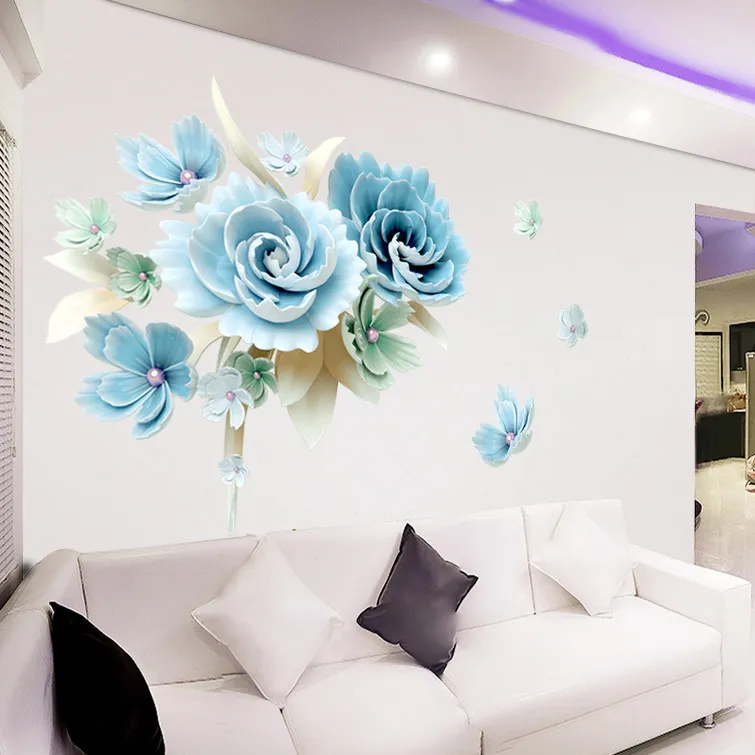 Large 3D DIY Blue Flower Wall Sticker Modern Stickers Wall Decoration for Living Room Removable Mural Wallpaper Art Home Decals