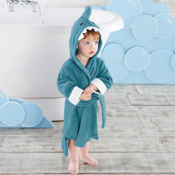 Размер L, Детские Мультяшные халаты с акулой, хлопковые полотенца для мальчиков и девочек, комплекты домашней одежды, детские пляжные халаты - Цвет: blue fits 4-6 Y