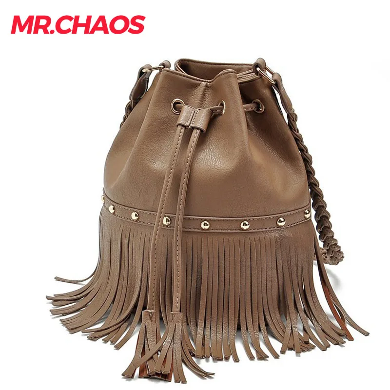 Women famous brand bucket bag tassel leather designer handbags rivets