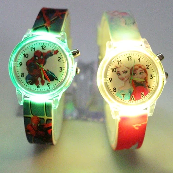 Księżniczka elza dzieci zegarki Spiderman lampa kolorowa źródło zegarek dla chłopców dziewcząt dzieci Party zegar na prezent Wrist Relogio Feminino