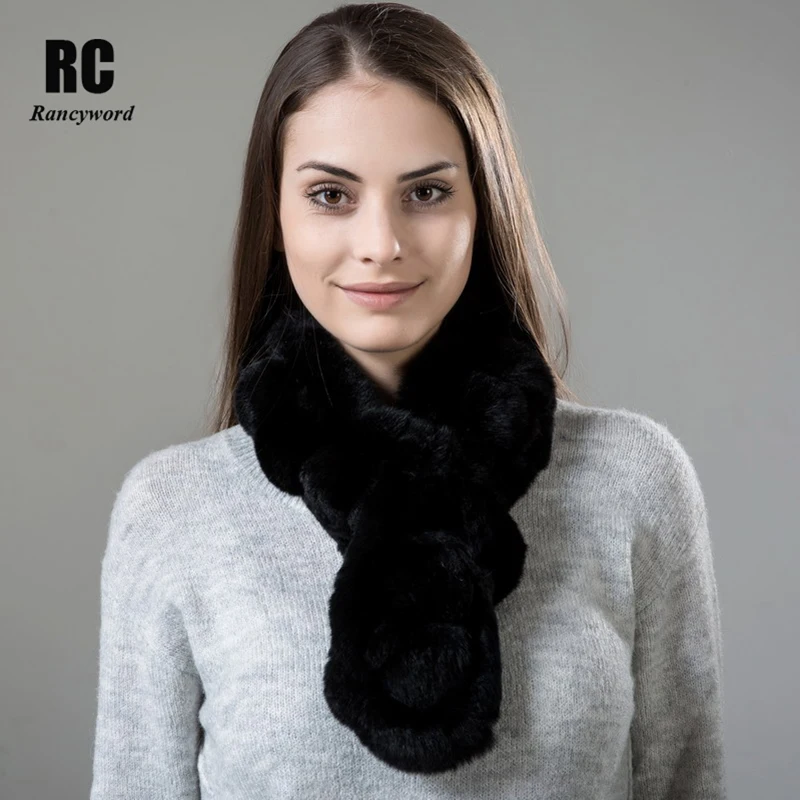 

[Rancyword] 100% Rex Rabbit Fur Scarf Women Winter Warm Scarves Soft Natural fur Neckerchief Female Fur Collar Ring Solid RC1333