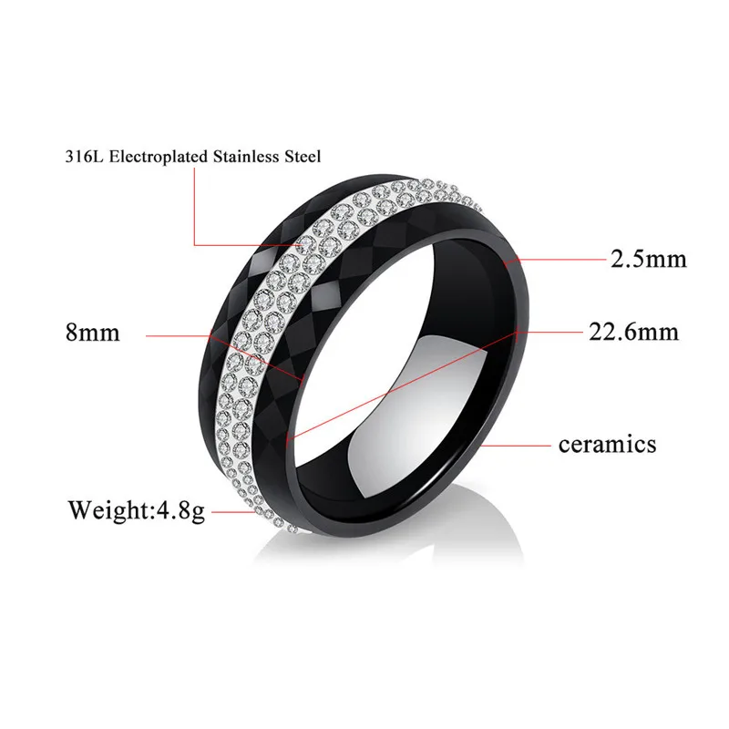 ZORCVENS 8 мм широкий черный и белый 2 ряда AB Кристалл керамическое женское кольцо для помолвки обещание обручальное кольцо Подарки для женщин