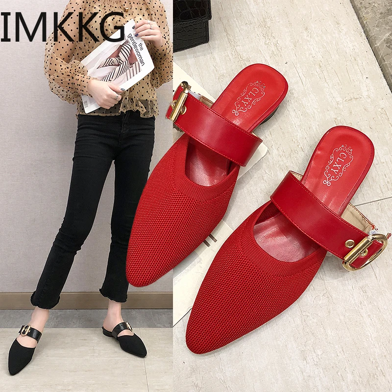 

Pointed Toe Flat Woman Slippers Slip On Buckle Loafers Mules Flip Flops Casual Shoes Black Yellow Red Q00204