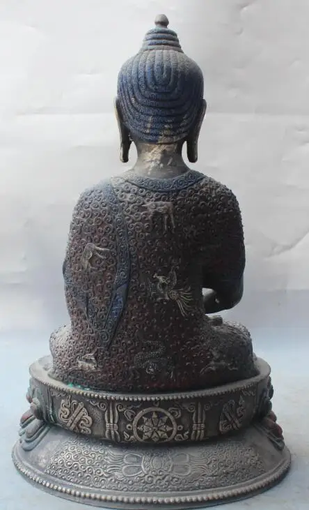 

S1128 13"Chinese Tibet Silver Painting 8 Symbol Shakyamuni Amitabha Buddha Bowl Statue