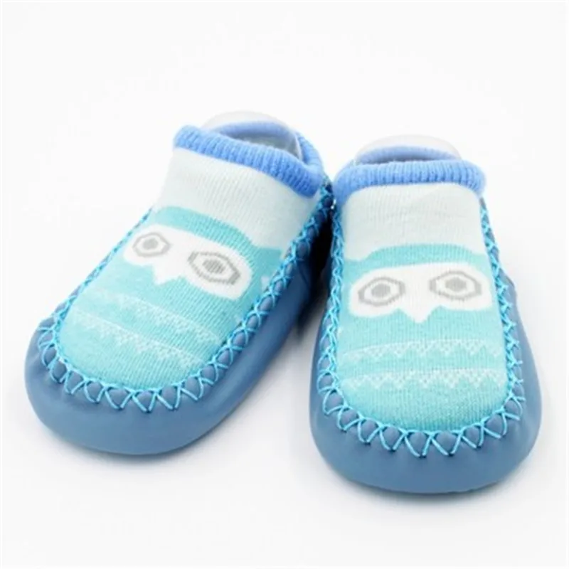 1 Pair New Comfortable Toddler Floor Socks With Rubber Soles Baby Elastic Cotton Cartoon Anti-slip Socks Infant Soft Sole Socks - Цвет: Owl Blue