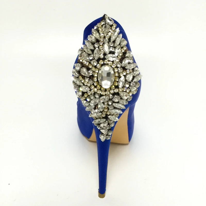 Royal Blue Satin Wedding Pump Shoes Rhinestones Peep Toe High Heels Platform Bridal Shoes Stilettos Slip-on Shoes Women Crystals