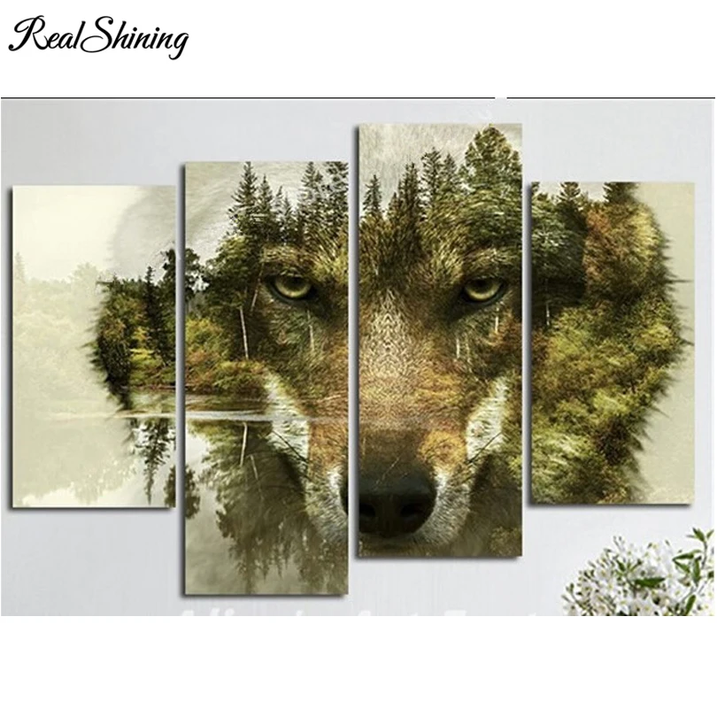 

REALSHINING 5d diy diamond painting cross stitch full square embroidery rhinestones kits triptych mountain wolf paintings DM997