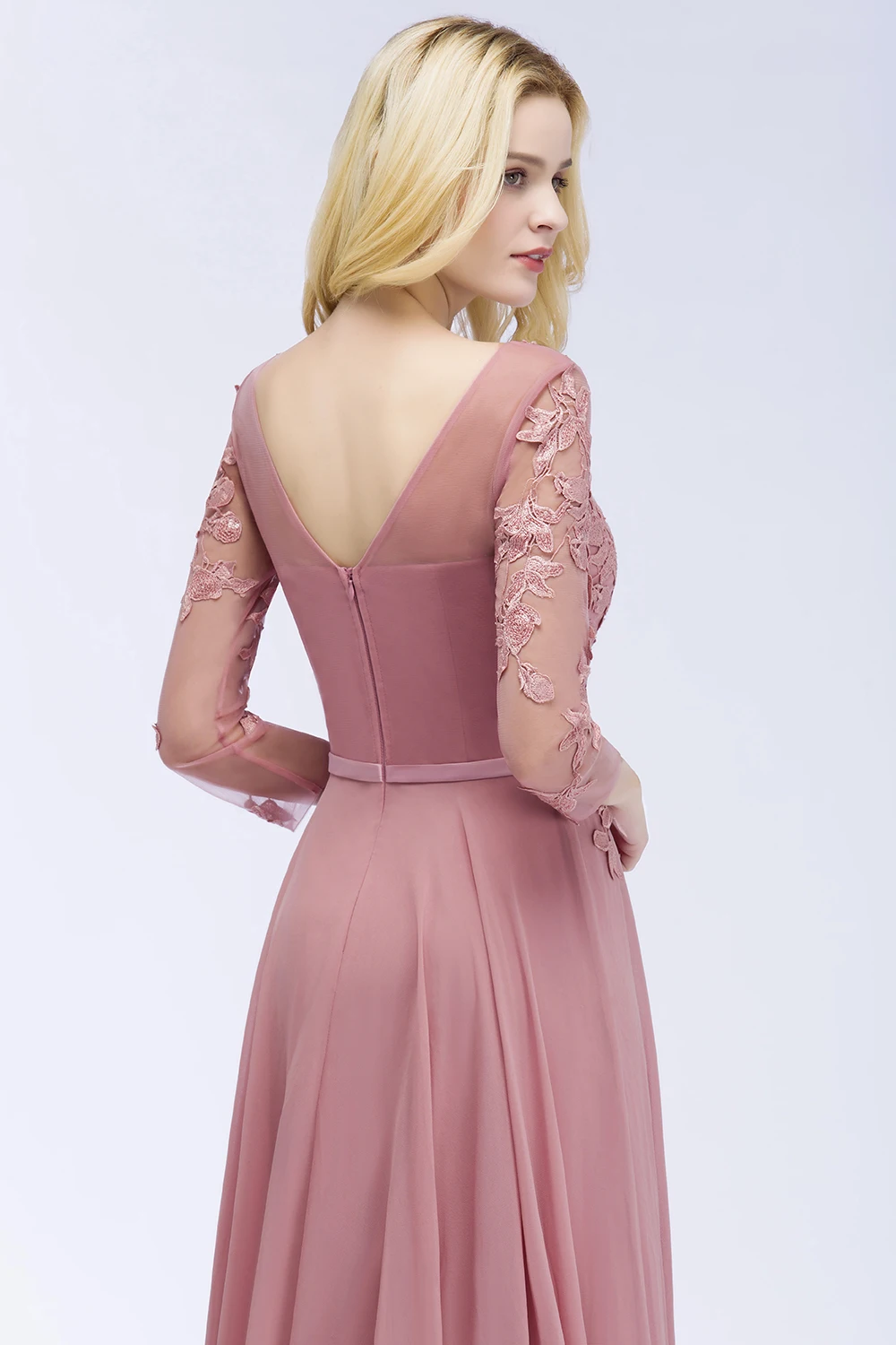 Gorgeous Three Quarter Sleeve Pink Lace Evening Dress Long Sexy V Back Evening Gowns with Sashes Robe de Soiree Longue