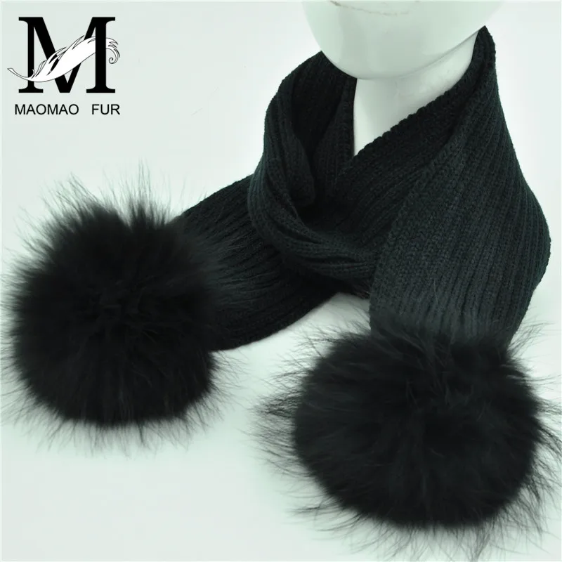 Jaxmonoy Child knitted Wool Scarf Winter Kids Scarves With Detachable Real Raccoon Fur PomPoms Baby Girl Boy Neck Warmer Scarf