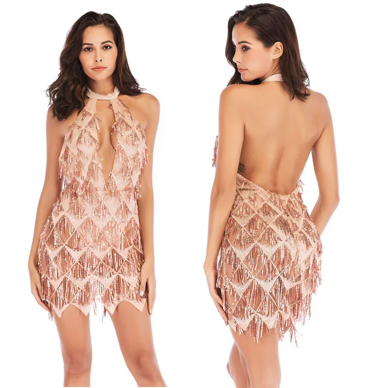 

Sexy Halter Tassel Sequined Party Dress Women Bodysuits Bodycon Mini Dress Summer Sleeveless Elegant Short Mini Dress Clubwear