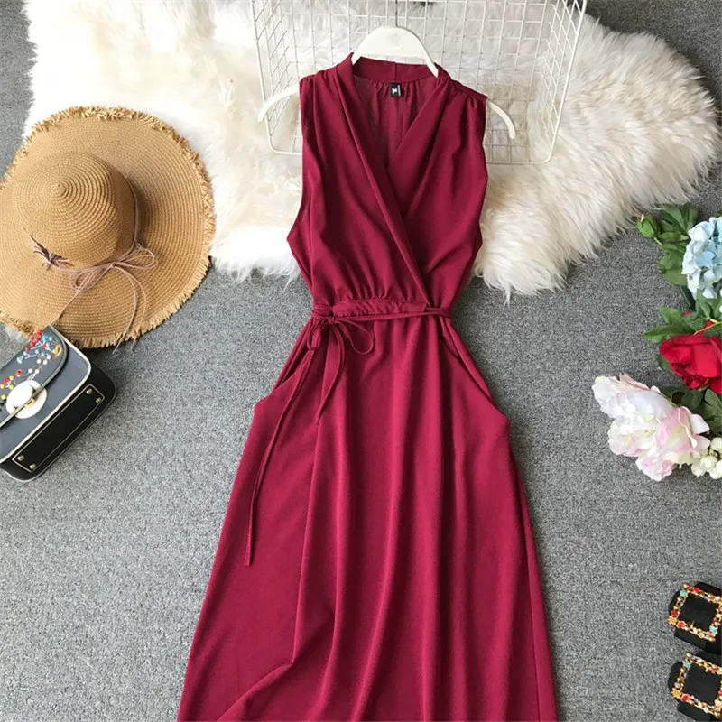 

2019 Summer Chiffon Women Dress Fashion Sleeveless V-Neck Vestido Solid Tank Sundress Basic Knee-Length A-Line fashion dresses