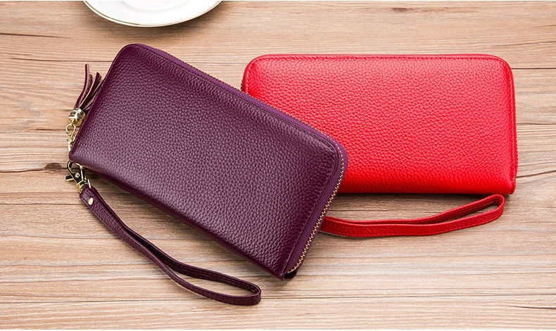 Lomelobo Unisex Tassel Long Wallet Genuine Leather Women Men Litchi Cowhide Leather portomonee Boy Girl Credit Card Holder Purse HPLA218 Details (12)