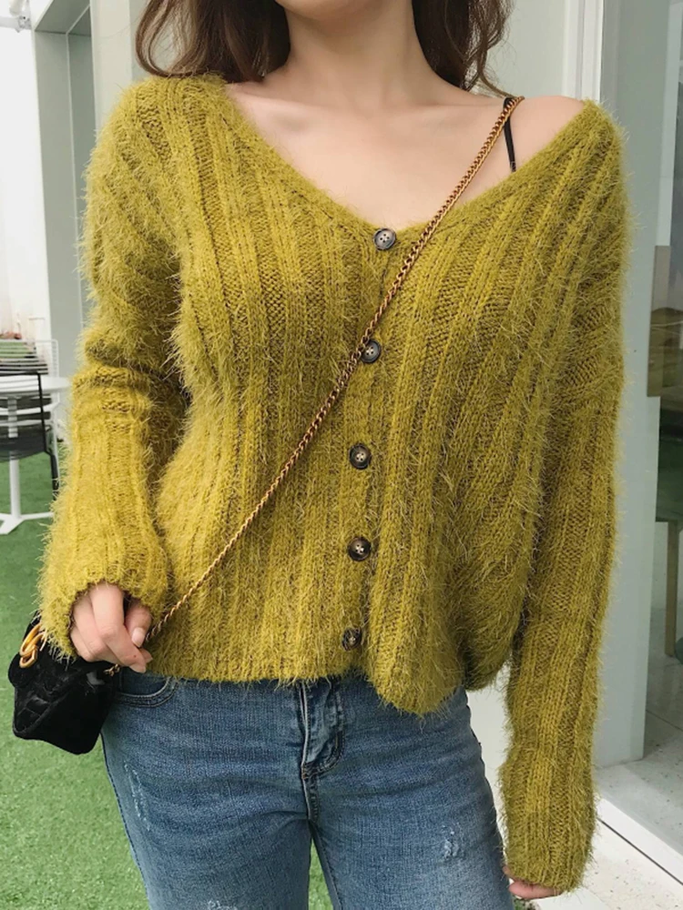 Nagodo Crochet Jackets Short Coat Korean V-neck Solid color Cardigan Sweater Woman Poncho Knit Jumper streetwear